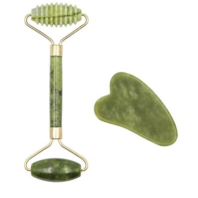 China Whitening Wholesale Custom Logo Stone Massage Roller Gua Sha Tool Kit Masajeador Rodillo Facial Jade Xiuyan Green Jade Roller For Face for sale