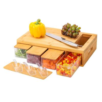 China Sustainable natural material without BPA cutting board and storage box integrated bamboo cutting board for sale