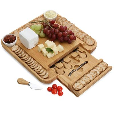 China Sustainable Bamboo Cheese Board with Cutlery Set, Wooden Charcuterie Tray and Serving Meat for sale