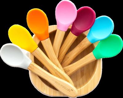 China Silicone Disposable Baby Feeding Soup Spoon For Kids With Wooden Handle for sale