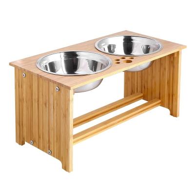 China Automatic Dog and Cat Dinner Pet Feeder Bamboo Double Bowl Raised Stand Comes with an extra two ceramic pet food bowls for pets for sale