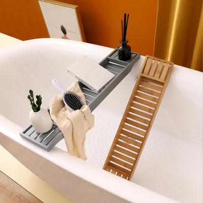 China Standing Type Bathtub Caddy Tray Wooden Bath Caddy Tray With Phone Holder for sale