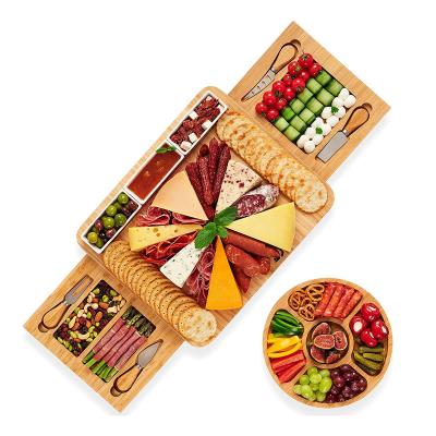 China Sustainable Amazon Vends Bamboo Cutting Board Cheese Board and Knife Set with Tray for sale