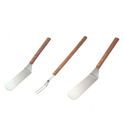 China Wholesale Easily Cleaned Wooden Handle Stainless Steel BBQ Grill Tools Fork And Turner Spatula for sale