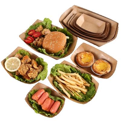 China Waterproof Eco Friendly Disposable Boat Shape Food Packing Boxes Kraft Paper Containers For Fast Food for sale