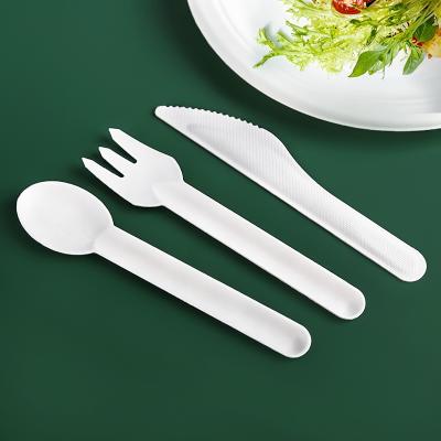 China 100% Biodegradable Eco-friendly Disposable Knife Fork Spoon Sugar Cane Stock Bagasse Cutlery Set for sale