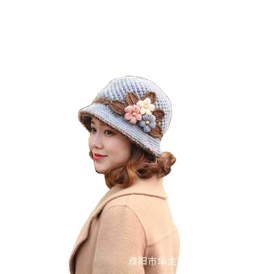 China COMMON knitted hat women's autumn and winter wool hat women'shat classic flower plus velvet buckethats bucket hat mother winter hat for sale