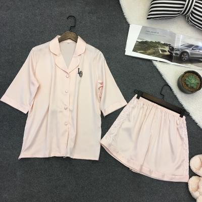 China 2019 Breathable Nightgown For Ladies Family 100% Silk Pajamas Button Up Short Sleeve Shorts Set for sale