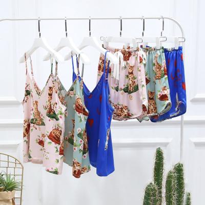 China 2019 Breathable Floral Silk Suspender Shorts Home Set Silk Harness Shorts for sale