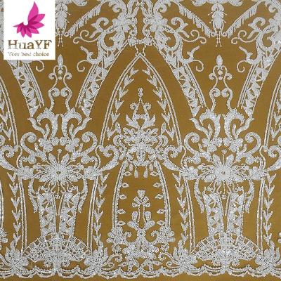 China Viable pure white beaded pearl lace fabrics with shiny sequins 100 polyester embroidery beads lace HY1742 for sale