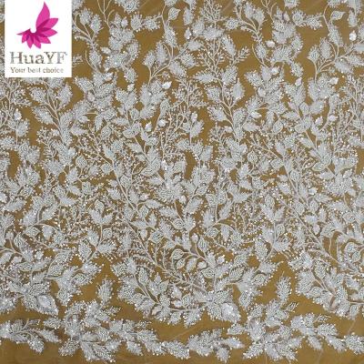 China New Arrival French Heavy African Beaded Mesh Viable Embroidery Bridal Lace For Women Wedding Dress Fabric HY2173-1 for sale