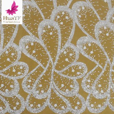 China Hot Selling Viable 100 Polyester Flower Beaded Sequins Embroidery French Lace Tulle Net Lace Fabric HY2051-2 for sale