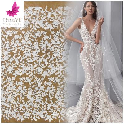 China Korea Viable Hot White Lace Embroidery Leaf Embroidery Bridal Wedding Mesh Laces Dress Fabric 5 Yards HY1590 for sale