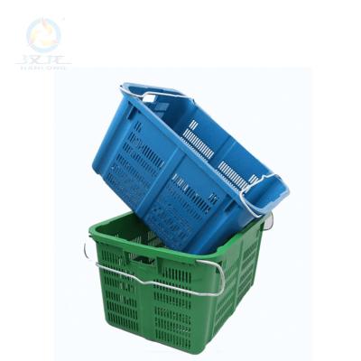 China Heavy duty stacking plastic crate with metal lifting handle for storage and transportation of fruits for sale