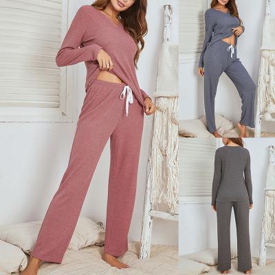 China Sustainable Women Long Sleeve Solid Color Pajamas Set Two Piece Set Top Elastic Waist Loose Drawstring Pants Women Homewear for sale