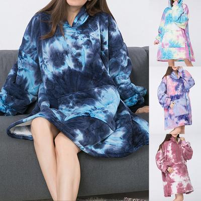 China Women Winter Plush Thermal Adult Tie Dye Casual Hooded Warm Blanket Lazy Sweater Blanket for sale