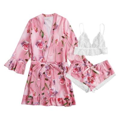 China Breathable Fashion Ladies Homewear and Comfortable Girls 3 Piece Sleepwear Lace Pajama Set for sale