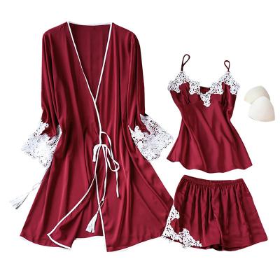 China Women Breathable Pajamas Set Solid Color Sleepwear Lace Camisole Silk Home Wear Three Piece Set Short High Waist Sleeveless for sale