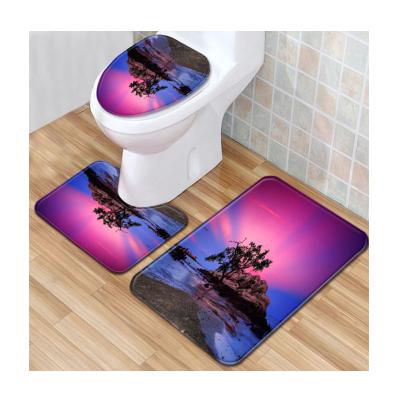 China Washable Landscape Pattern Bathroom Floor Mat Three Piece Set Washroom Toilet Mat Set Non Slip Mat In Stock for sale