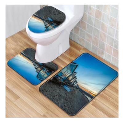 China Washable Landscape Pattern Bathroom Floor Mat Three Piece Set Washroom Toilet Mat Set Non Slip Mat In Stock for sale