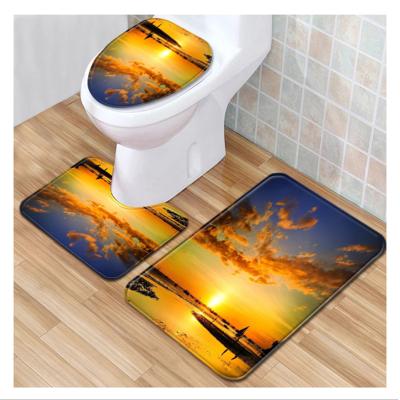 China Washable Landscape Pattern Bathroom Floor Mat Three Piece Set Washroom Toilet Mat Set Non Slip Mat In Stock for sale