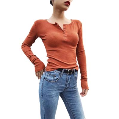 China Wholesale Women Solid Color Tight Fit Knitted T-shirt Anti-pilling for sale