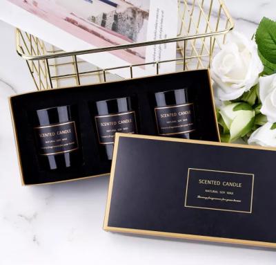 China Birthdays Hote Selling Private Label Aroma Candle 100% Natural Soy Wax 3 Packs Black Container Luxury Candle Gift Set for sale