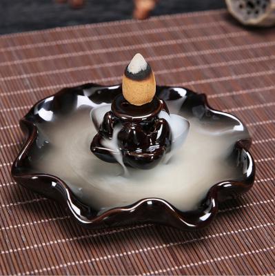 China Middle East Customize Spa Home Meditation Yoga Decor Backflow Incense Holder Black Waterfall Ceramic Censer for sale