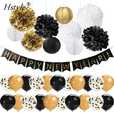 China 2021 Happy New Year Eco-friendly Balloon Set Black Gold Banner Pompoms Lanterns Latex Confetti Balloon Party Decor SET167 for sale