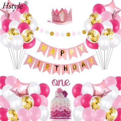 China Eco-Friendly Baby Birthday Party Set Supplies With Pink Latex Balloons And Confetti Happy Birthday Banner SET-151 for sale