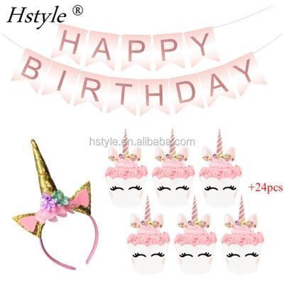 China Unicorn Party Supplies Set Viable for Kids, Glitter Unicorn Headband for Birthday Girl, Rose Gold Happy Birthday Banner PQ301 for sale