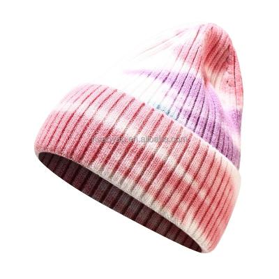 China COMMON Short Bowler Hat Tie Dye Print Autumn Winter Adults Retro Cuffed Knit Slouchy Docker Beanie Hat for sale