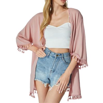 China Lady Summer Fashion Loose Breathable 3/4 Sleeve Pink Fringe-Paneled Chiffon Cardigan Long Beach Swimsuit Women for sale