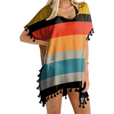 China Wholesale Breathable Summer Design Sexy Lady Chiffon Tassel Swimsuit Stripe Beach Cover Ups Swimwear For Women for sale