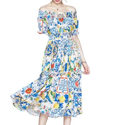 China Wholesale Breathable Summer Party Casual Prom Dress A Line Print Off The Shoulder Swing Midi Dress Elegant Women for sale