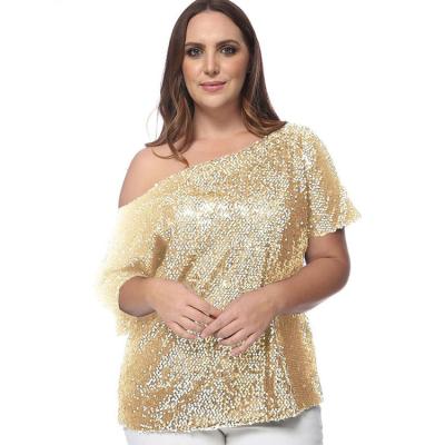 China Wholesale Womens Breathable Clothing Plus Size Sequin One Shoulder Short Sleeve Party Tops And Shirts For Ladies for sale