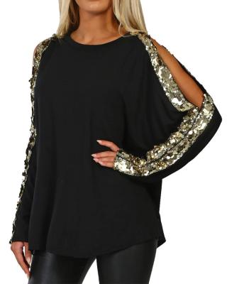 China Breathable Sequin Sparkle Tops For Women Chill In Loose Casual Long Sleeves Crewneck Pullovers T-shirt for sale