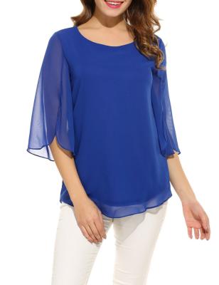 China OEM Breathable Custom Fashion Loose Summer Plus Size Solid Color Flare Sleeve Women's Chiffon Blouses And Shirts for sale