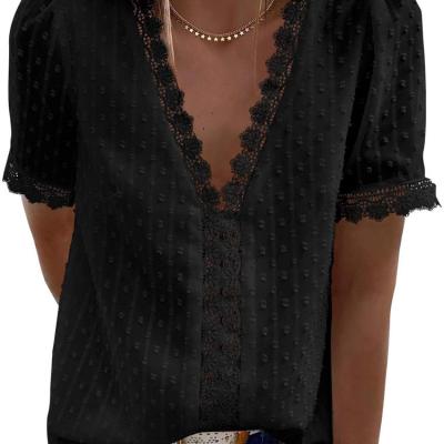 China Fashion Breathable Custom Female Clothing Summer Solid V-Neck Black With Sleeve Elegant Blouses Women Lace Up Tops for sale