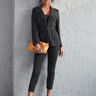 China High Quality Custom Made Fall Office Stripe Blazers Breathable With Belt Women Ladies Blazer And Pants Two Piece Sets for sale