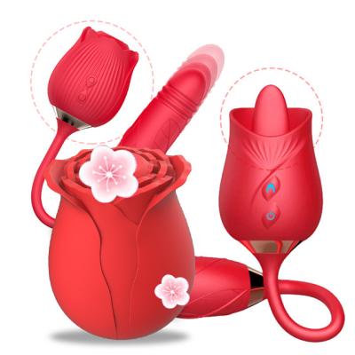 China Medical Silicone+ABS 2 In 1 Red Rose Sucking Vibrator Licking Female Adult G Spot Massage Toy Rose Stick Vibrator for sale