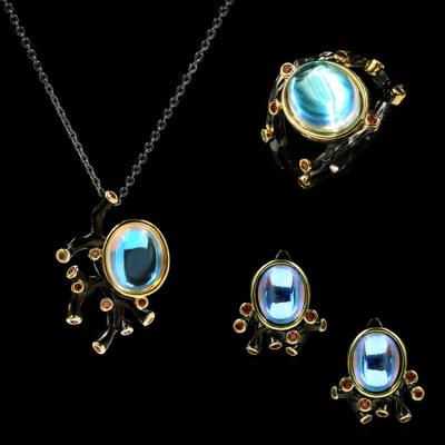 China Fashion CLASSIC Jewelry Antique Gold Plated Colorful Moonstone Necklaces, Rings, Earrings, Jewelry Set for sale