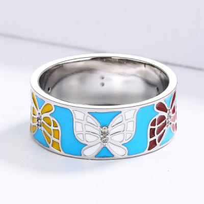 China CLASSIC Colorful Oil Drip Handmade Jewelry 925 Sterling Silver Blue Butterfly Enamel Rings for sale