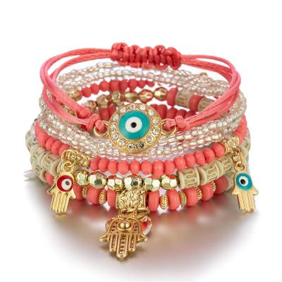 China Handmade Vintage Red Glass Seed Bead Glass Bead Multilayer Fashion HIP HOP Temperament Bangle Blue Eyes Bracelet For Jewelry Sets for sale