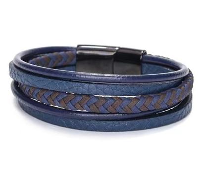 China CLASSIC Fashion Steel Braided Bracelet Arrival Genuine Leather Blue Gifts Jewelry Leather Beads Bracelet For Men for sale