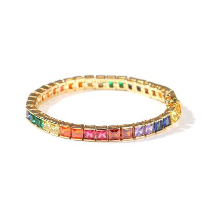 China Hot Creative CLASSIC Fashion Design 18k Gold Plated Colorful Cubic Zirconia Rainbow Copper Bracelet For Women for sale