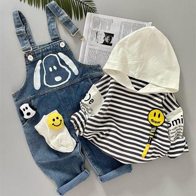 China Casual Ms-68 2024 Children Clothes Boys Cotton Fashion Wholesale Toddler Boys Clothing Sets 2 Piece Striped T Shirt + Jeans Overalls for sale