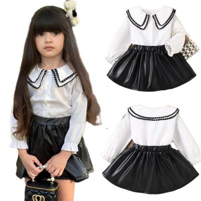 China Anti-wrinkle Ms-51 Kids Designers Clothes 2 Piece White Blouse + Leather Skirt Set Girl Dress 2023 Summer Fashion Korean Dress for Girls for sale