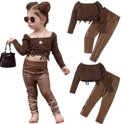 China Anti-wrinkle Ms-60 Baby Girl Clothes 3 -4 years Crop Top + Leather Pants Children Boutique Clothing Summer Two Piece Set for Kids Girls for sale