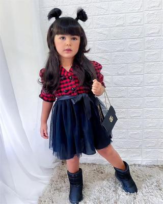 China Anti-wrinkle Ms-13 Latest Children Dress Designs Winter Clothes Plaid Top + Mesh Skirt Baby Kids 2 Year Old Girl Dress Froks for sale